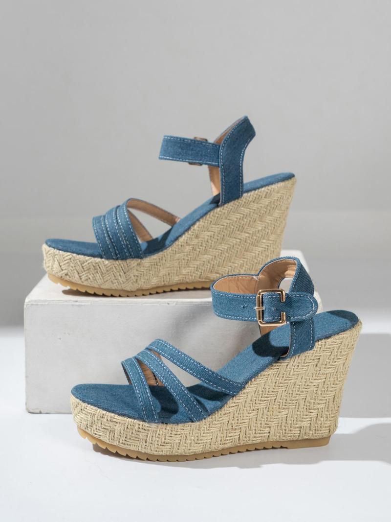 Product Introduction of Women's Fashionable Denim Design Espadrilles Wedge Sandals, Casual Comfortable Wedge Sandals for Summer, Lightweight Breathable Non-slip Sandals for Beach Vacation 1