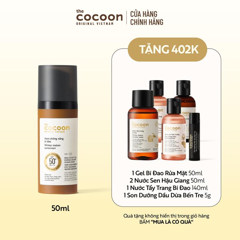   COMBO MUA 1 TẶNG 5  Kem chống nắng bí đao quang phổ rộng bảo vệ rất cao SPF 50 + PA ++++ Cocoon 50ml Tặng 1 Nước tẩy trang bí đao 140ml + 2 Nước sen Hậu Giang toner 50ml + 1 Gel bí đao rửa mặt 50ml + 1 Son dưỡng dầu dừa Bến Tre 5g 