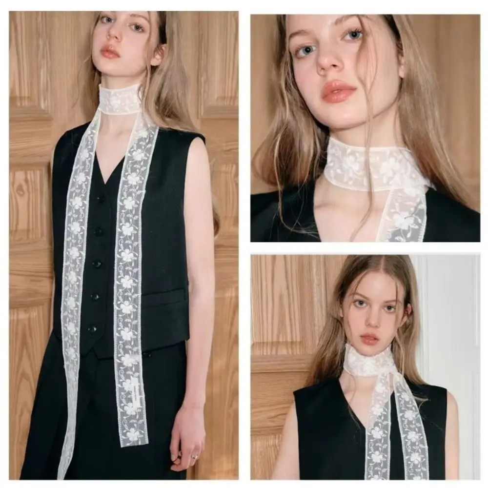 NEW Polyester Flower Lace Neck Strap Multi-function White Belt French Hairband Black Silk Scarf Dressing Decoration