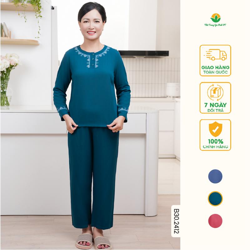 Đồ bộ lanh trung niên mặc nhà quần dài áo dài tay thêu họa tiết thời trang Việt Thắng - B30.2412 Nữ Women Top