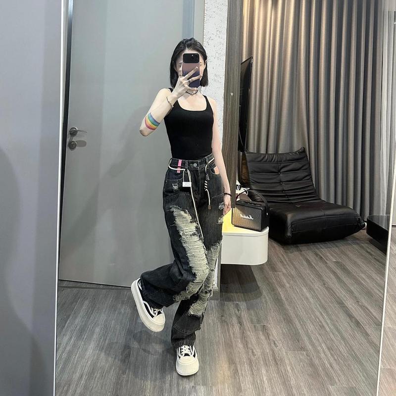 Quần jean rách MELINA (tặng kèm dây) quần jean nữ ống rộng cạp cao màu đậm ánh rêu size S M L gơn phố 83980 quần  jean 3