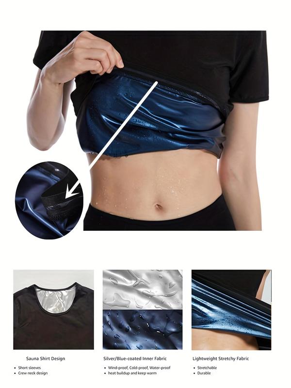 Women's Solid Round Neck Short Sleeve Sports Tee, Casual Style Crew Neck Sauna Top for Workout Gym Running Wear, Women Sport & Outdoor Clothing for Summer 1