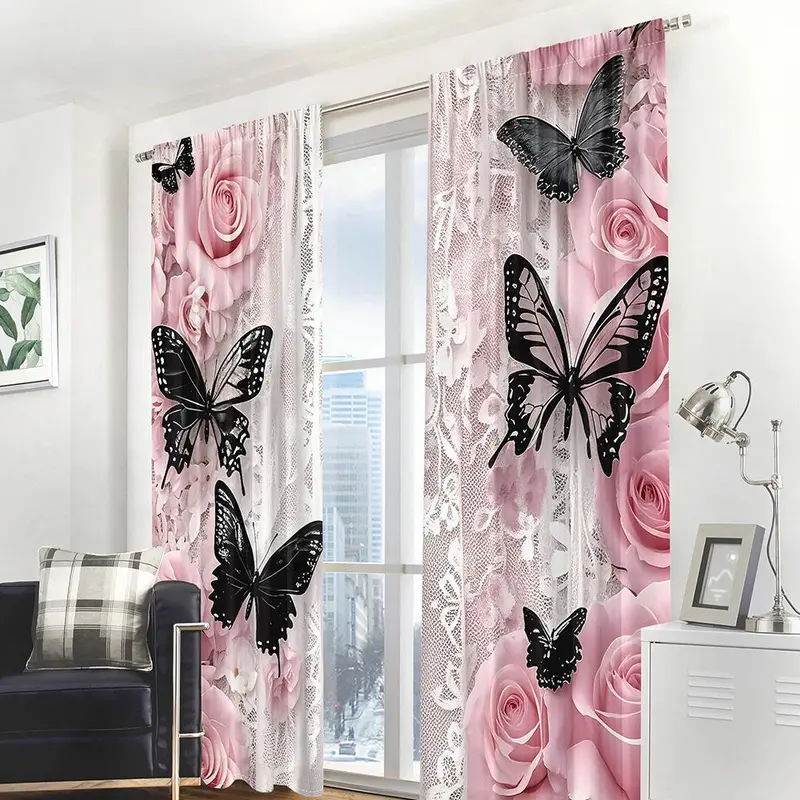 Butterfly & Rose Pattern Door Curtain, 2 Counts/set Lace Design Door Curtain, Window Curtain for Home Living Room Bedroom Decor 2