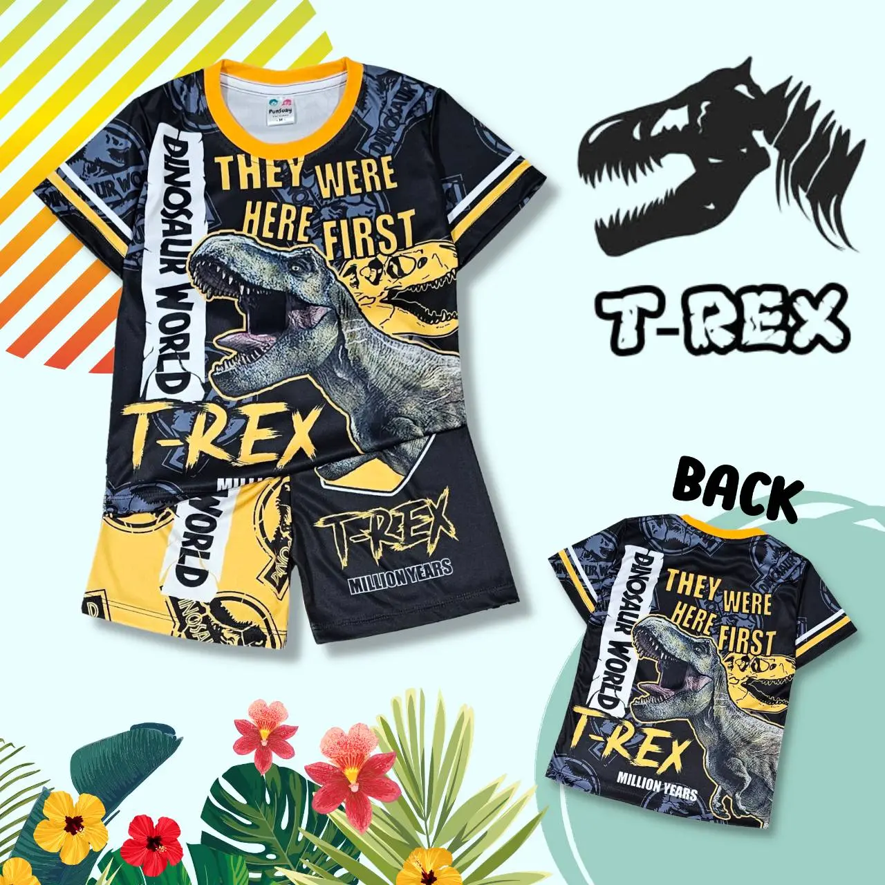 DI0649 เสื้อผ้าเด็ก เสื้อแขนสั้น+กางเกงขาสั้น เนื้อผ้าไมโครเกรดA (ผ้าลื่น) ลายไดโนเสาร์ ทีเร็กซ์ ชุดเด็กแฟชั่น ชุดเด็กลายการ์ตูน