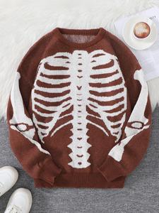 Suéter de hombre con estampado de calavera, cuello redondo, corte regular, manga larga, ideal para otoño e invierno, ropa de punto para uso diario