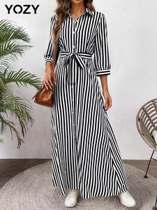 YOZY Striped Print Belted Shirt Dress/ Elegant Bishop Sleeve Button Front Long Dress, 2024 Women's Daily Wear for Spring & Autumn