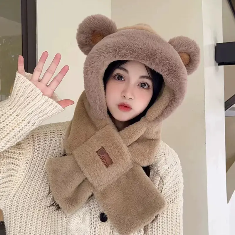 Mũ Mùa Đông, Có Khăn Quàng Cổ, Mũ Tai Gấu Lông Mịn Dễ Thương, Dày Dặn, Tích Hợp Khăn Quàng Cổ Nhồi Bông Thích Hợp Cho Thời Tiết Lạnh Giá, Mũ Tai Ấm Áp Mùa Đông 5
