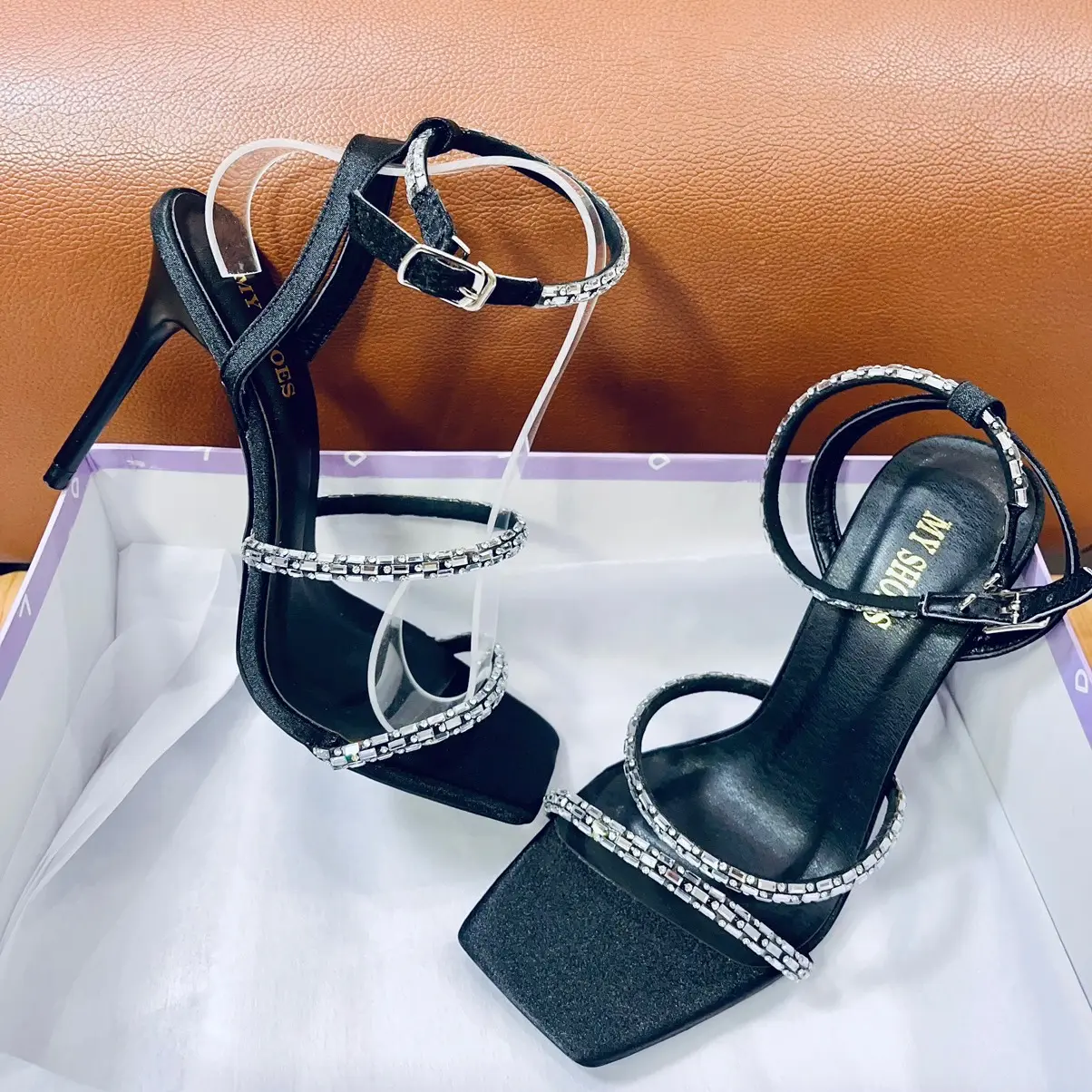 Giày Sandal mũi vuông Cao 8cm 9cm 10cm, Quai đính đá, Size 34_40