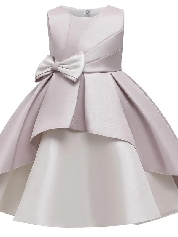 Girl's Solid Bow Front Plicated A Line Dress, Elegant Bow Back Sleeveless Round Neck Tulle Dress For Wedding Party, Kids Partywear For All Seasons 2