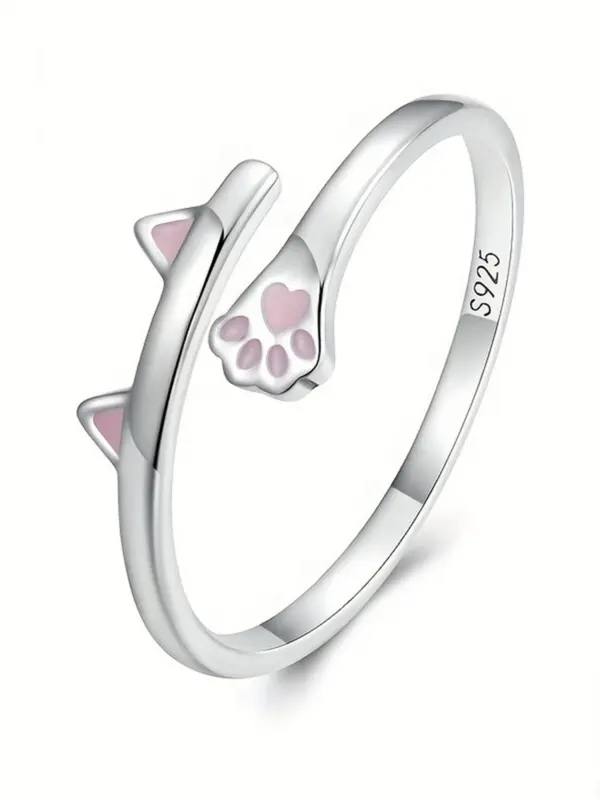 925 Sterling Silver Cute Cat Paw Design Cuff Ring, Adjustable Open Ring, Fashion Jewelry Accessories for Women & Girls 2