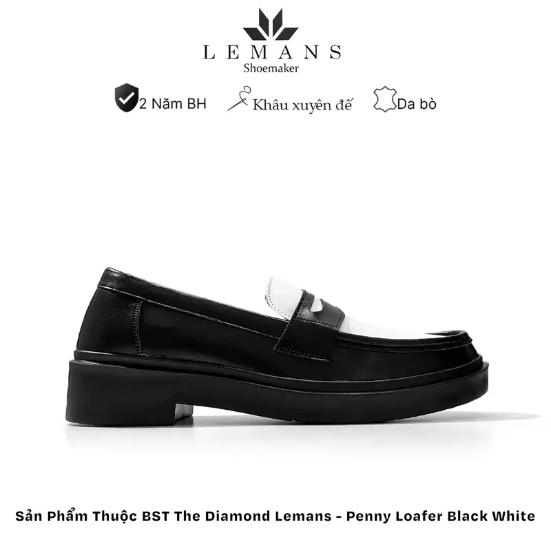 Giày da bò Penny Loafer da bò Trắng đen LEMANS, đế tăng chiều cao 4cm cho nam, giày lười nam, giầy da, bảo hành 24 tháng Cao Su Shoes 6