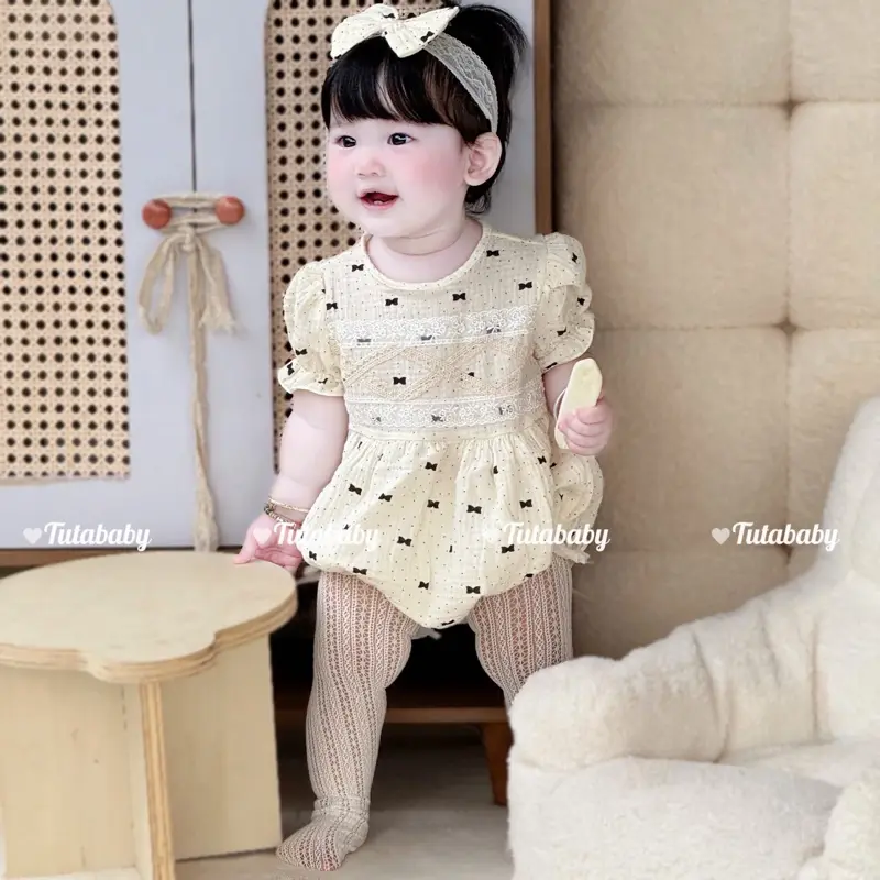 Bodysuit Bé Gái Chất Xô Muslin Thiết Chấm Bi Nơ Đen, Kèm Turban Nơ Xinh Xắn, Dành Cho Bé 3kg Đến 11kg 5