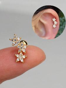 Arete de cartílago de 16 calibre para mujer con diseño de 3 flores de circonia cúbica, acero inoxidable hipoalergénico, joyería de perforación delicada y brillante para daith, concha, trago y hélix, ideal para uso diario y fiestas
