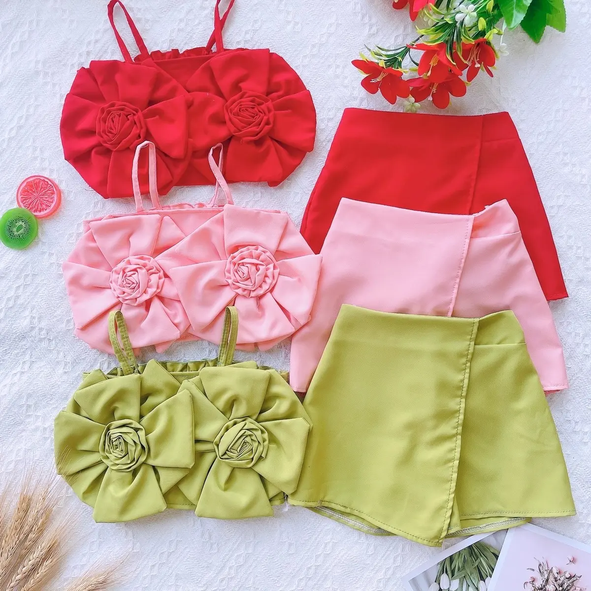 (7-12kg) Set bộ áo dây đính hoa, quần váy  đính vải lụa kèm lót cho bé gái dưới 3 tuổi