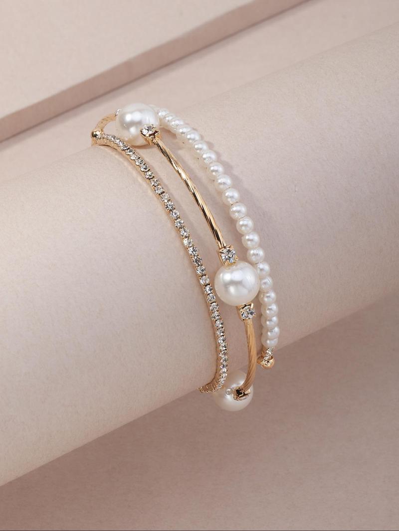 Product Introduction of Girl's Plain Rhinestones Faux Pearls Bangle, Fashion Jewelry for Party, Daily Decor, Trendy All-match & Exquisite Jewelry for Birthday Gift 2