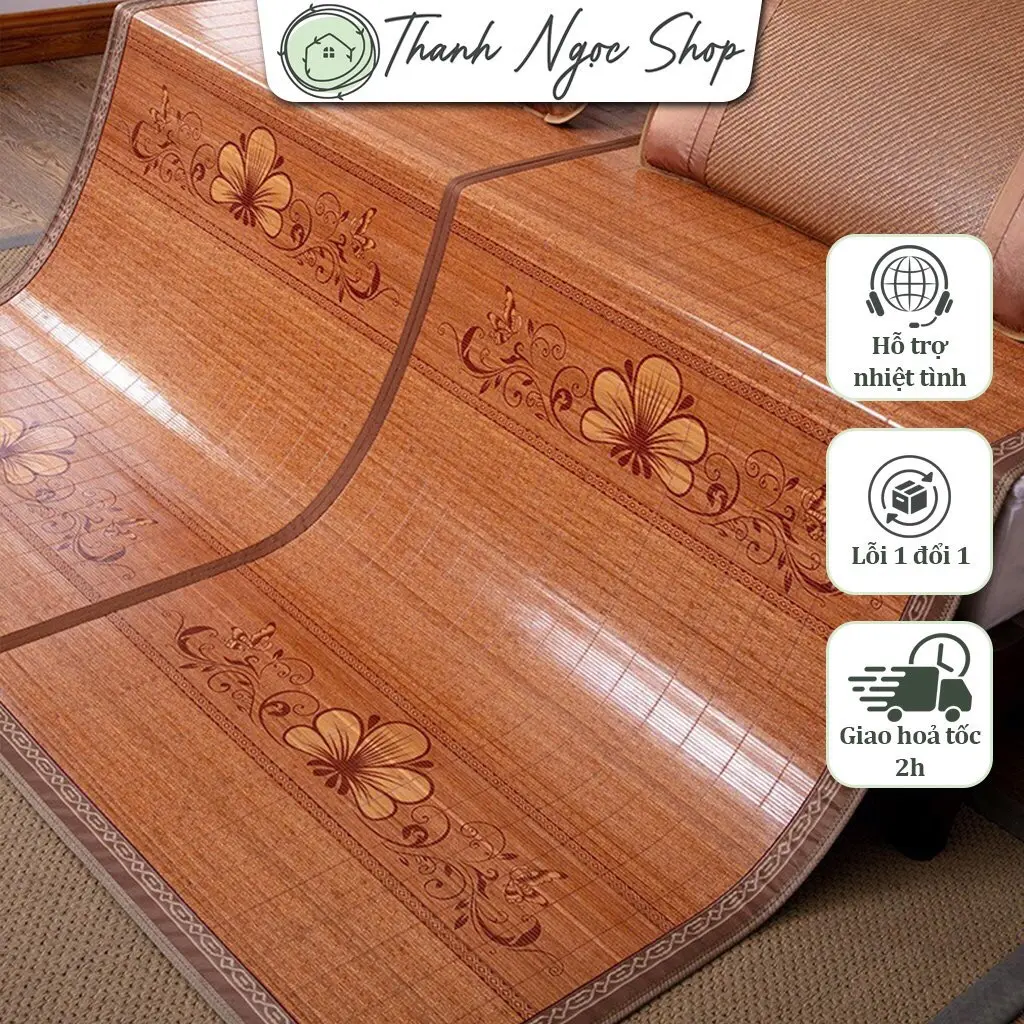 Chiếu trúc tăm vân gỗ in hoa - Họa Tiết Ngẫu Nhiên (Kích thước 1m6 x 2m - 1m8 x 2m)