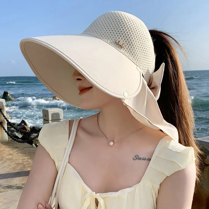 Women's summer UV protection sunblock hat and tie ponytail mid-air top hat