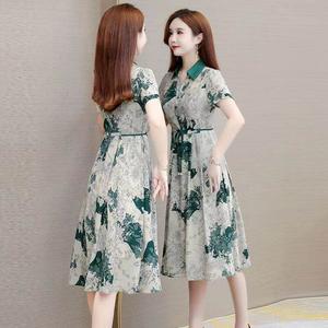 Foreign Flavour Floral Print Short Sleeve Women Lapel Dress Korean Style Showing Slim Lace up A-line Dresses