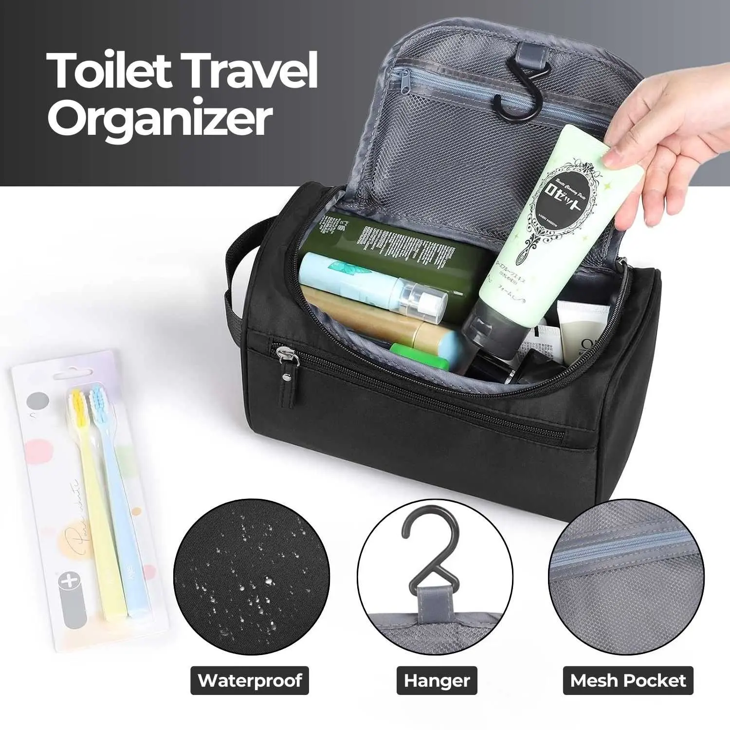Tas Toiletries Organizer Travel Portable Waterproof Oxford dengan Hanger Kompartemen Skincare Makeup Perlengkapan Mandi