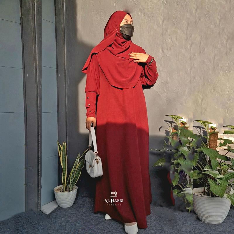 Product Introduction of GamisAzna - Asmah Set Pashmina  Simple Elegan Crinkle Airflow Variasi Kancing Gold Mewah Dress Wanita Muslim Manset Hitam Basic Panjang Murah Formal Syari 6