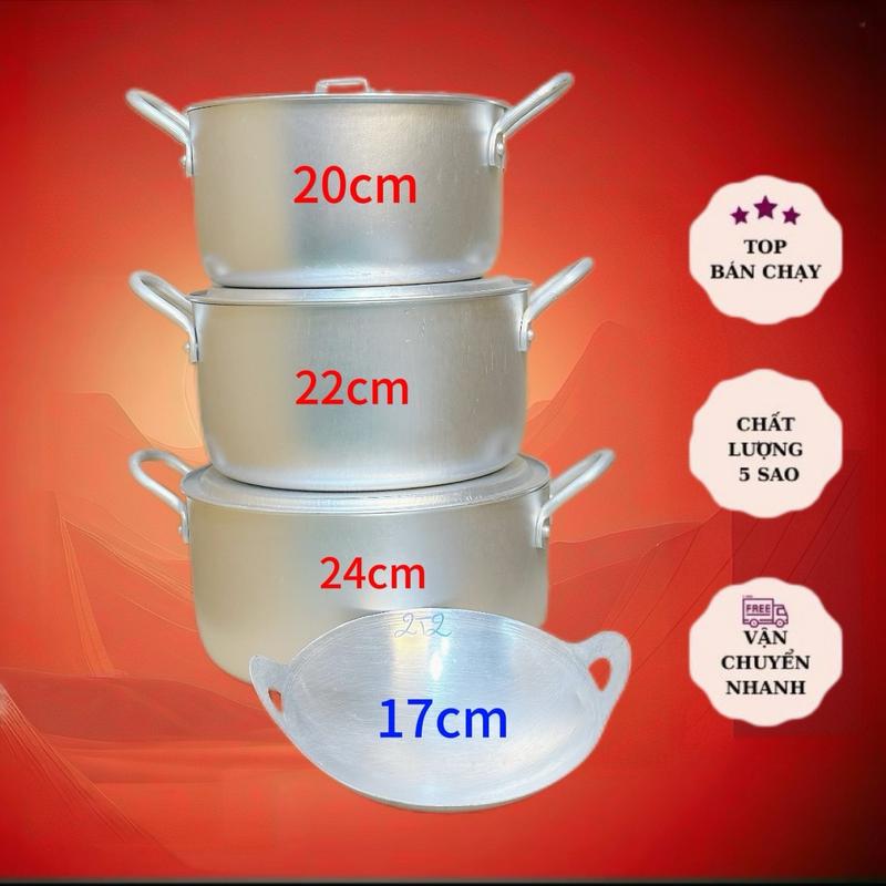 Bộ 3 nồi nhôm 20cm/22cm/24cm + chảo máy bay 17cm loại mỏng