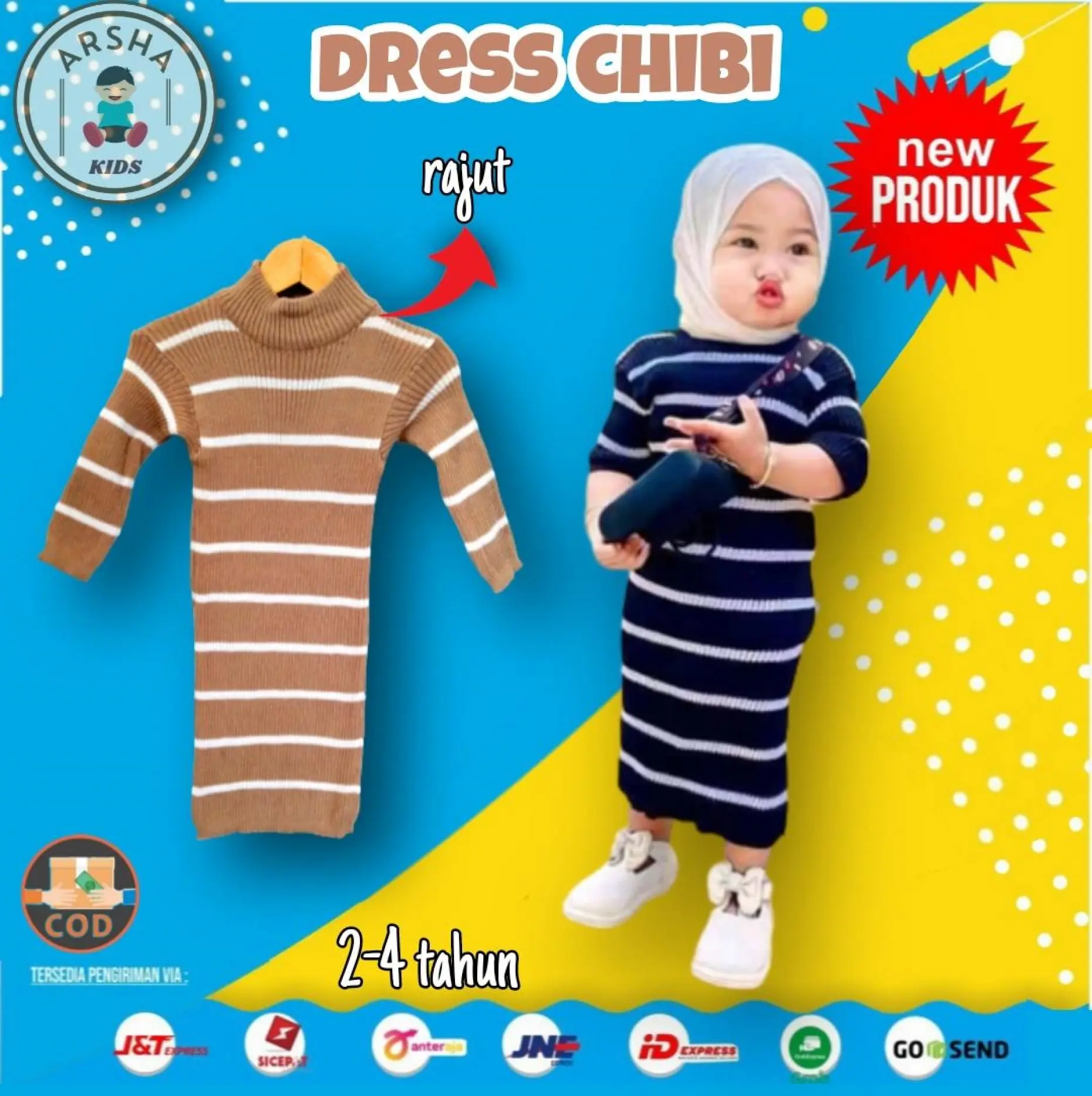 Dress rajut anak perempuan baju lengan panjang salur korean murah premium halus Santai Katun
