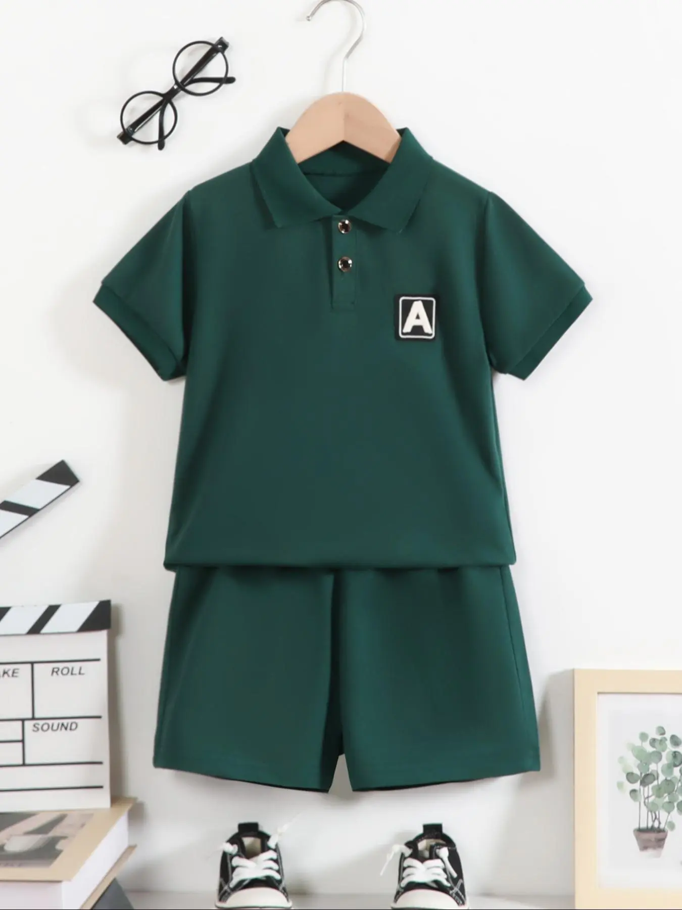 Two-Piece Set Boy's Letter Patched Short Sleeve Polo Shirt & Shorts Set, Casual Fashion Cozy Breathable Outfits for Daily Outdoor Wear, Kids Clothes for Summer