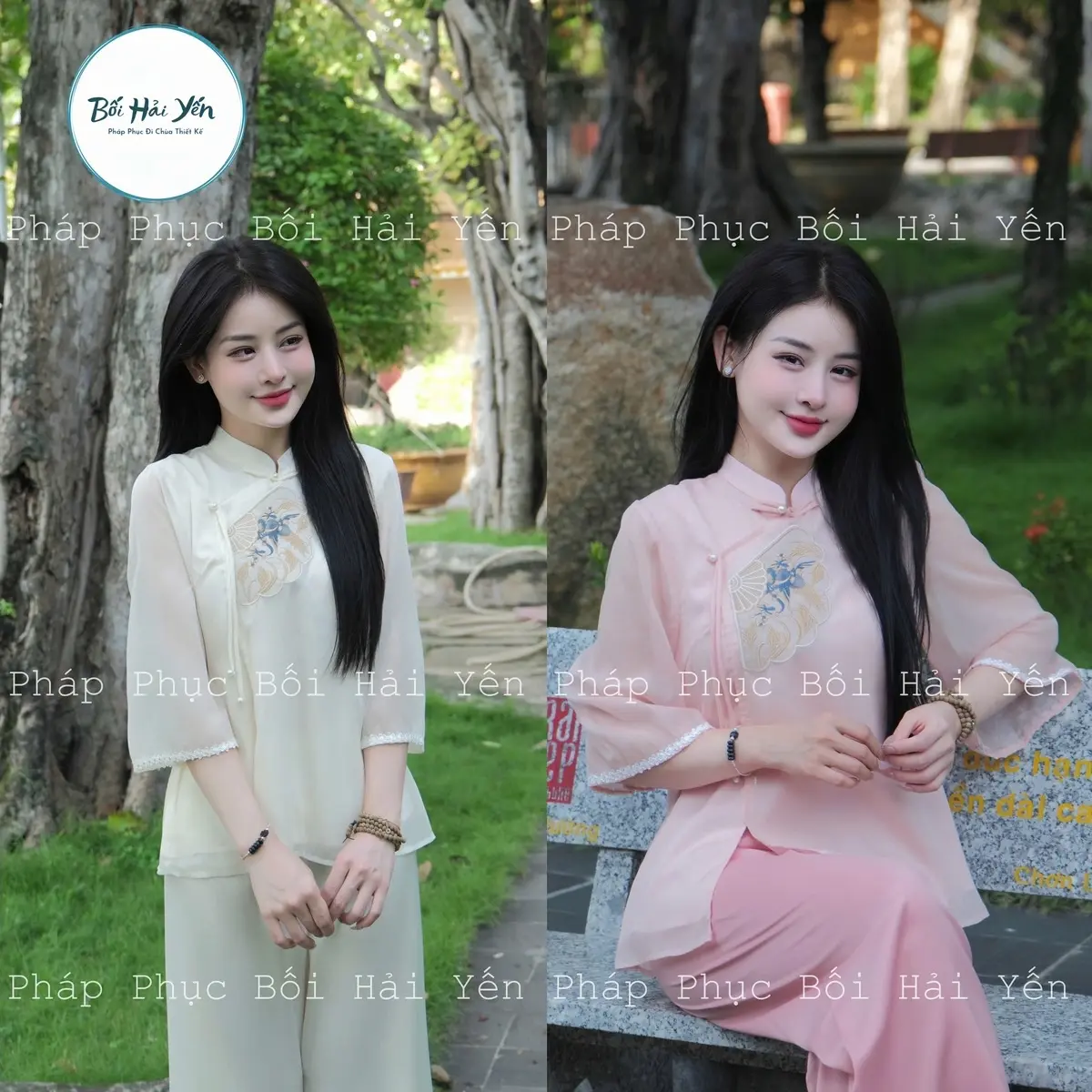Bộ Đồ Pháp Phục Đi Chùa Voan Tơ Tiểu Thư Thêu Quạt Cao Cấp Bối Hải Yến Cho Nữ