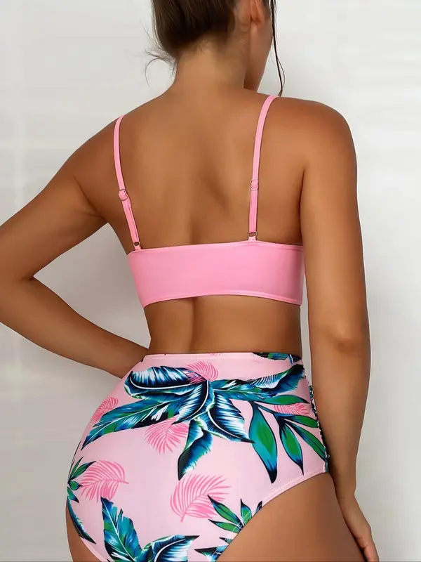 Women's Plain Top & Tropical Print Bottom Bikinis Set, Twist Push Up Swim Top & High Waist Ruched Swim Bottom, Summer Outfits 2024, Swimwear for Beach Holiday Curvy Holiday Outfits, Girly Tops, Bikini Sets, Co-ord Sets for Women, Swimsuit Women 7