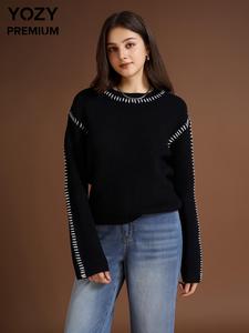 YOZY Women's Contrast Binding Drop Shoulder Sweater, Casual Long Sleeve Round Neck Jumper for Fall & Winter, Fashion Ladies' Knitwear for Daily Wear