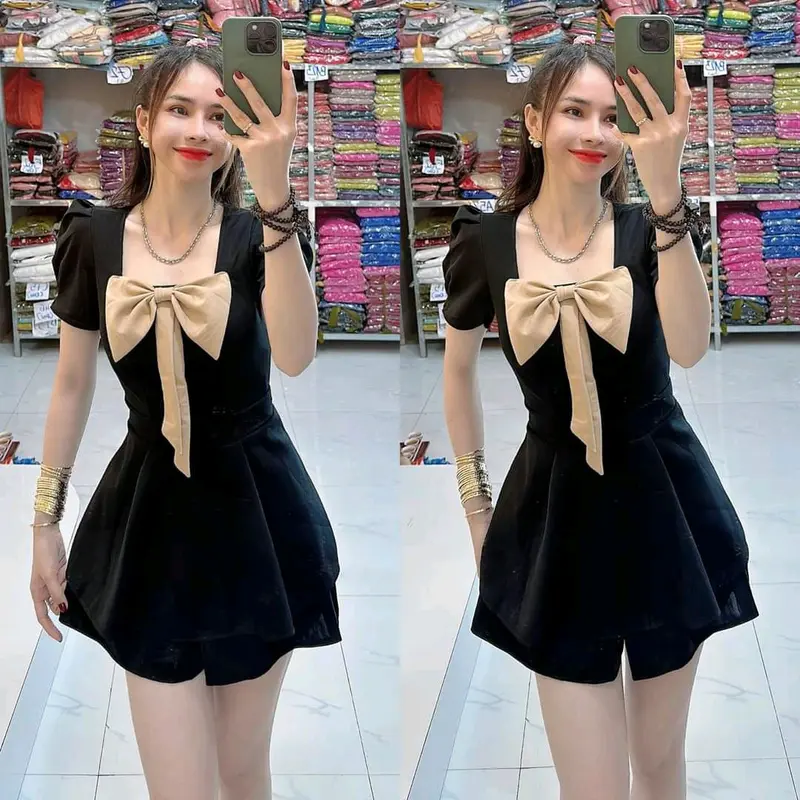 Áo Nữ Kem Voi Đô Bô THUN Cat Hàn Dễ Thương Quần Đùi Đính Nơ Fom 42kg 58kg - Women Dress 5