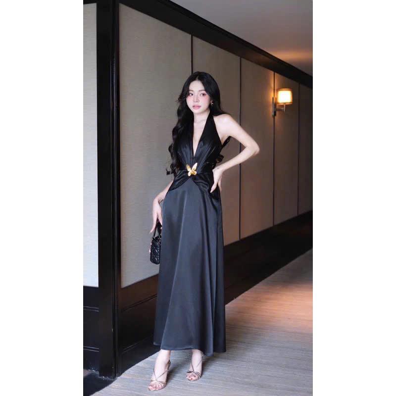Product Introduction of Đầm lụa đi tiệc cổ yếm kèm tag vàng sang trọng Nữ Voi Women Nhung Kem - Sen 2