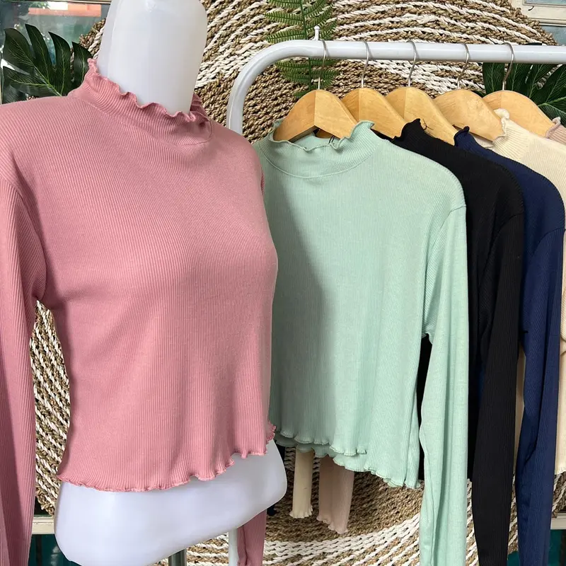 Turtleneck wanita Model Crop top leher kriwil inner Wanita longsleeve leher tinggi Baju Lembut Nyaman Panjang Knitwear Sweater Kerah 1