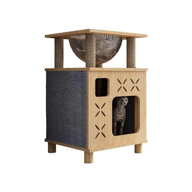 【SG Local Seller】2-in-1Modern Real Solid Wood Cat Tree, Luxury Wooden Cat Tower Cat Condo for Indoor Cats 61cm with Enclosed Sleeping Area,Loop linen fabric 3