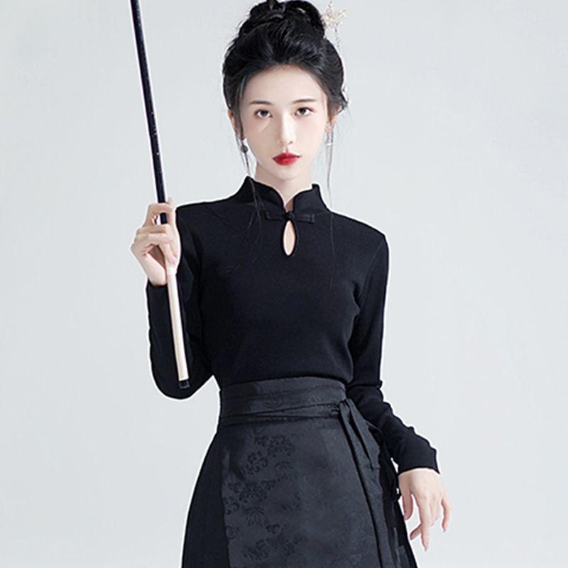 Áo Sườn Xám Phong Cách Trung Quốc Mới, Cổ Chân Đế Tay Phồng Dành Cho Nữ, Thích Hợp Cho Mùa Xuân Và Mùa Thu, Phong Cách Quốc Gia Mới, Áo Thun Dài Tay Thiền 8