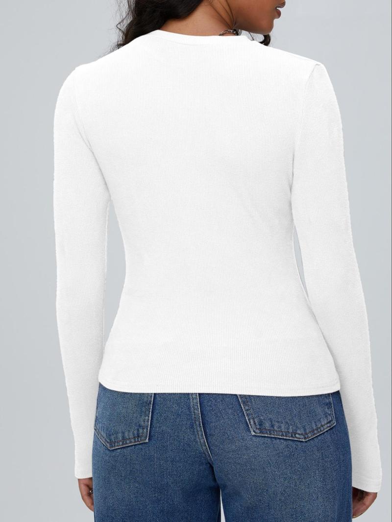 Product Introduction of Women's Plain Ribbed Long Sleeve Crew Neck Tee, Casual Solid Color T-shirt for Spring & Fall, Women's Top for Daily Wear 2