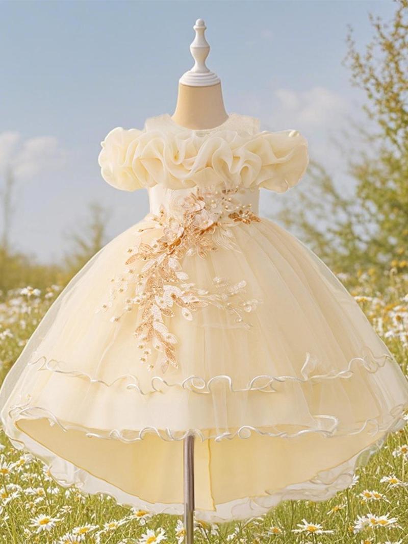 Product Introduction of Girl's Floral Embroidery Sequin Decor Tulle Dress, Elegant Cold Shoulder A Line Dress for Party Performance Wedding Guest, Kids Clothes for Summer 7
