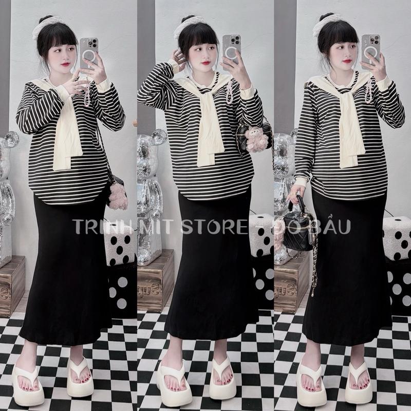 ￼Áo Nỉ Tăm Kẻ Kèm Khăn & Chân Váy Đuôi Cá Bầu Có Chun Chỉnh Nữ