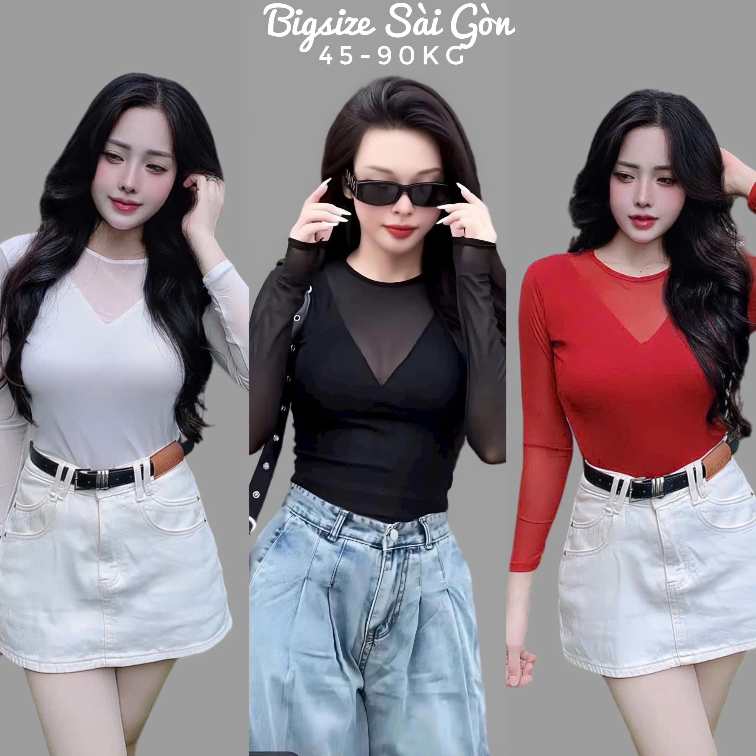 Áo Thun Tay Dài Vải Lưới 2 Lớp Cổ Tim 50 - 100Kg Dễ Thương Nữ Women Top Nhung - B.1334