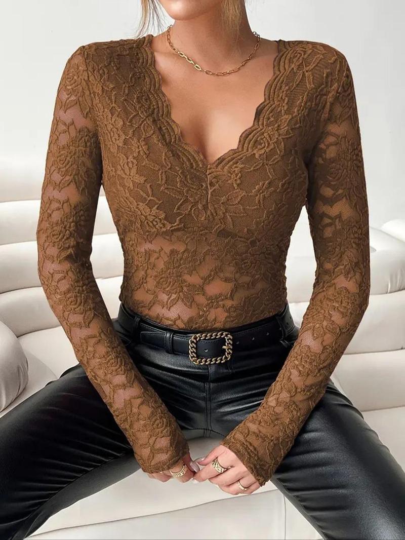 Product Introduction of Women's Plain Contrast Mesh Scallop Trim Sheer Lace Top, Casual V Neck Long Sleeve Top for Party Holiday Vacation, Ladies Clothes for All Seasons Valentine's Day, gift 18