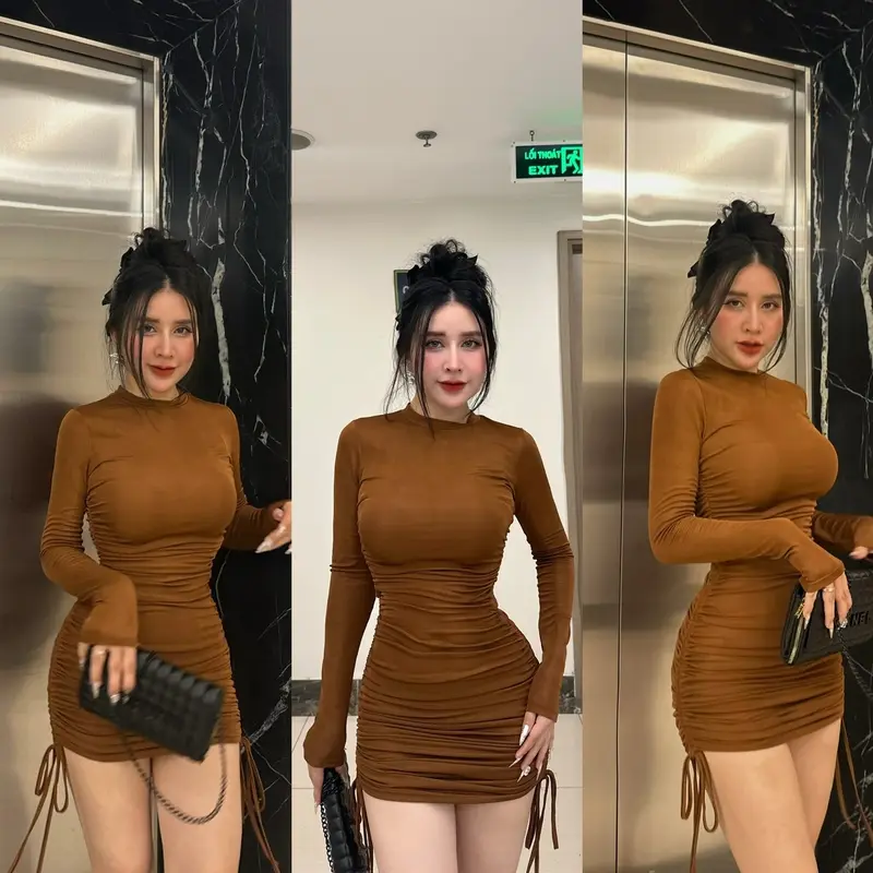 Đầm body nữ tay dài nhún tôn dáng, vải thun nhũ kim cương cao cấp co dãn lên dáng rất đẹp luôn ạ. Có thể điều chỉnh độ ngắn dài khi rút dây. Mặc đi làm, đi chơi, đi tiệc đều xinh luôn ạ. Bảng màu gồm : xanh bơ, xám, hồng ,đen ,cam ,nâu. Nhung Dress Voi 1