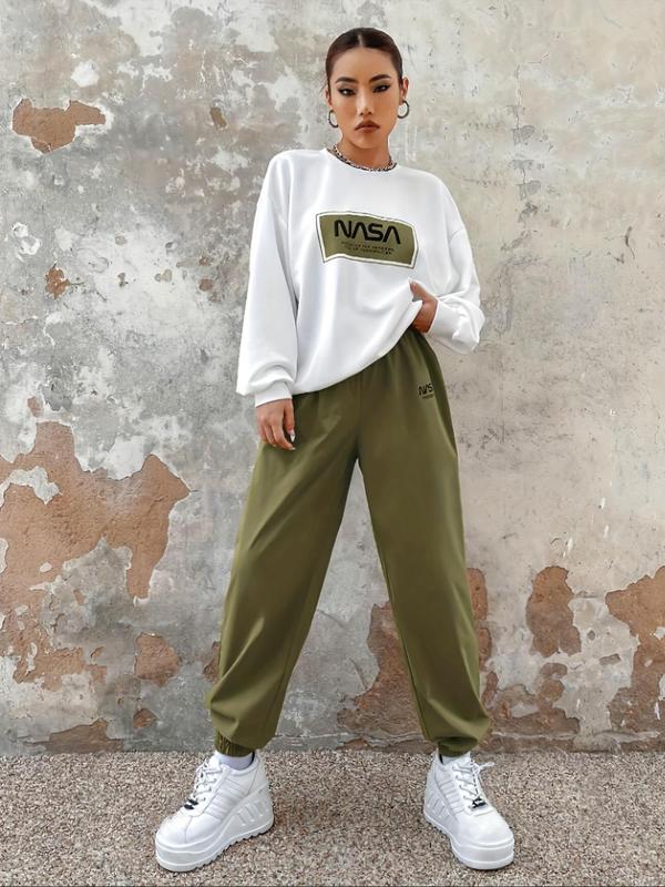 Two-piece Set Women's Letter Print Drop Shoulder Sweatshirt & Jogger Pants Set, Casual Fashion Cozy Round Neck Long Sleeve Pullover & Trousers for Daily Wear, Ladies Spring & Fall Clothes 2