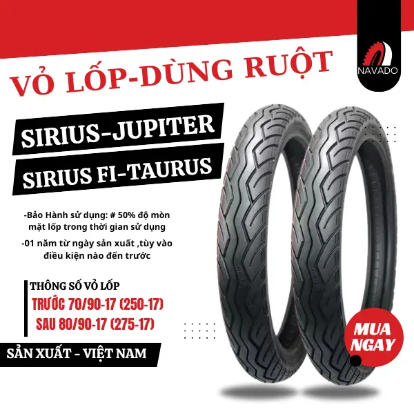 Cặp Vỏ Lốp SIRIUS,JUPITER,SI FI Dùng Ruột (Săm) Không Kèm Ruột Chất Lượng Cao Gai ZIN Theo Xe