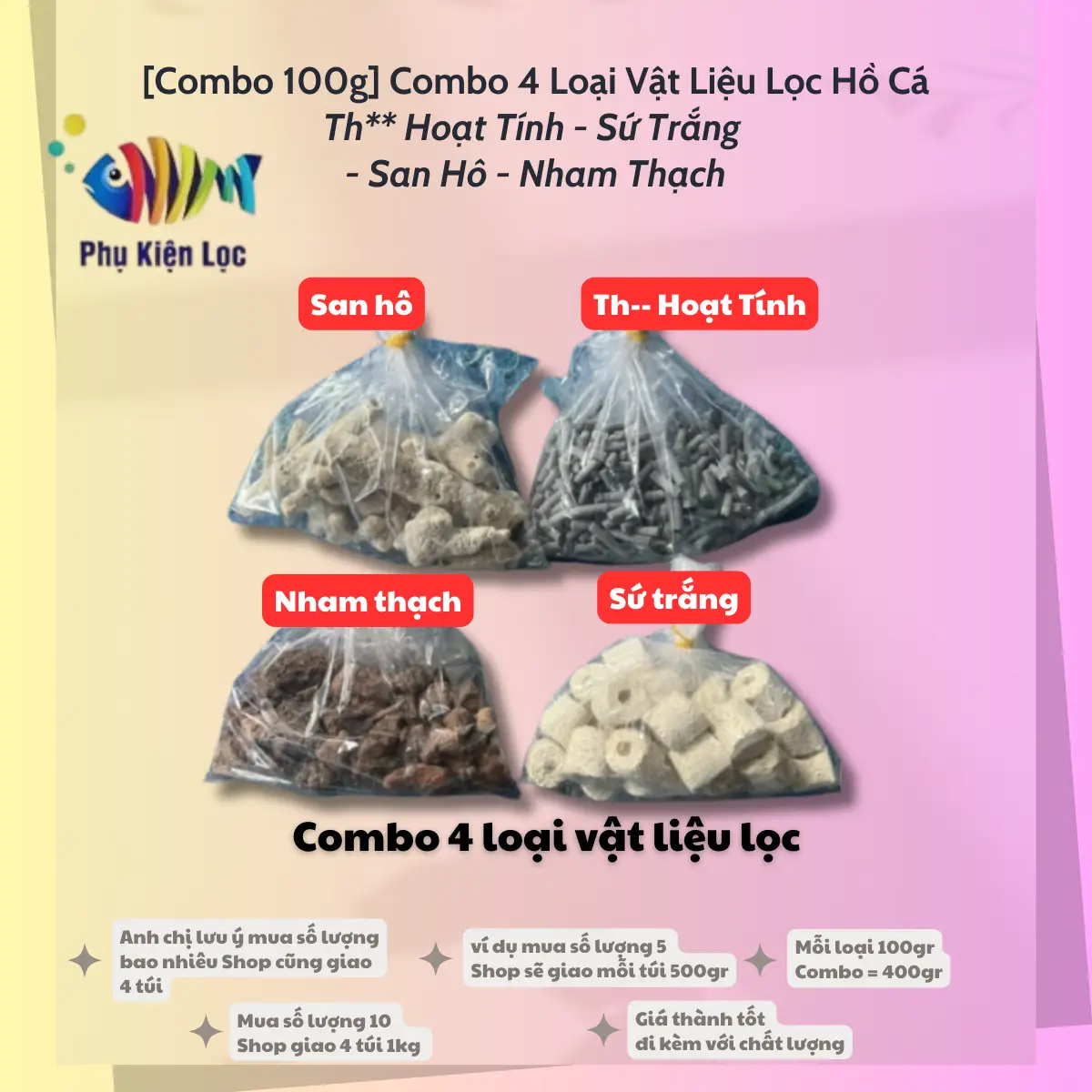 [Combo 100g] Combo 4 Loại Vật Liệu Lọc Hồ Cá: Th-- Hoạt Tính - Sứ Trắng - San Hô - Nham Thạch