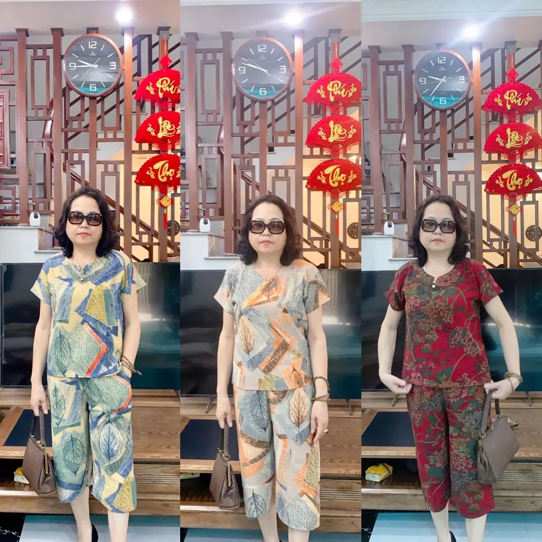 Combo 3 bộ quần áo trung niên Lụa Hàn châu ( áo cộc + quần lửng) cho các bà các mẹ từ 50-80 tuổi hoạ tiết hoa lá thanh lịch Nữ Women Top Nhung Sen Hoa Sen set thường đồ  bộ  lụa sam đồ  bộ phi