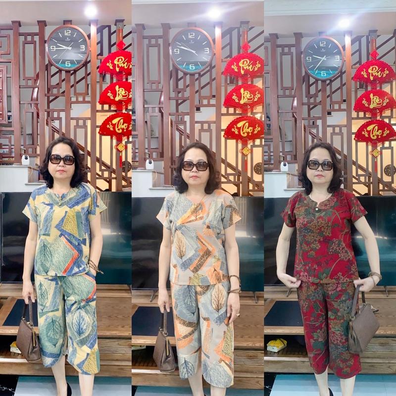 Combo 3 bộ quần áo trung niên Lụa Hàn châu áo cộc + quần lửng cho các bà các mẹ từ 50-80 tuổi hoạ tiết hoa lá thanh lịch Nữ Women Top Nhung Sen Hoa Sen set thường đồ bộ lụa sam đồ bộ phi