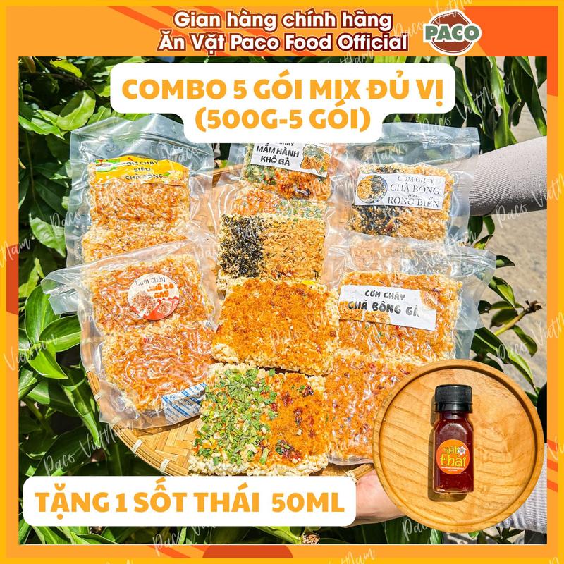 Set 5 gói cơm cháy mix đủ 5 vị ( 5 gói 500g) Tặng 1 sốt thái 50ml Paco Food mắm hành siêu chà bông rong biển khô bò-ĐỒ ĂN VẶT SNACKS
