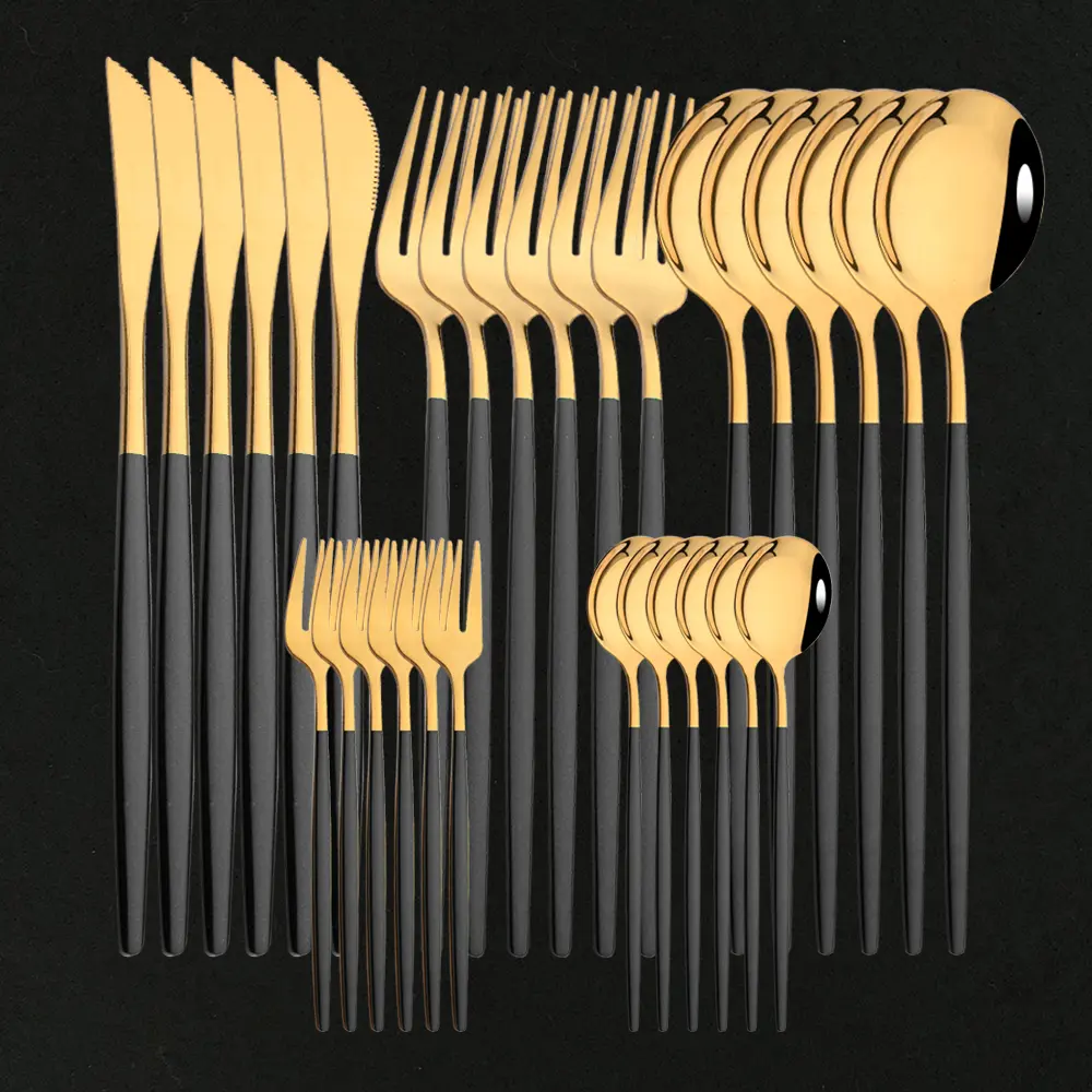 30Pcs/Set Stainless Steel Dinner Black Gold Dinnerware Set Knife Fruit Fork Spoon Cutlery Set Kitchen Tableware Silverware Sets