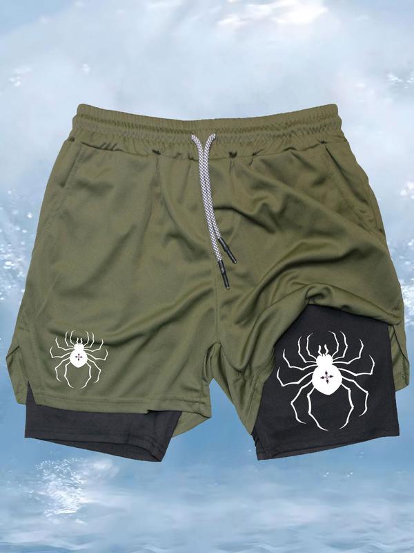 Men's Spider Print 2 in 1 Drawstring Waist Sporty Shorts, Casual Sporty Regular Fit Quick Drying Breathable Bottoms, Men Sports Clothes for Gym Workout Running 9