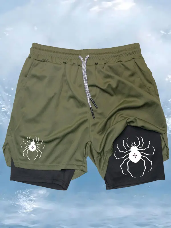 Men's Spider Print 2 in 1 Drawstring Waist Sporty Shorts, Casual Sporty Regular Fit Quick Drying Breathable Bottoms, Men Sports Clothes for Gym Workout Running, Athletic Shorts 7